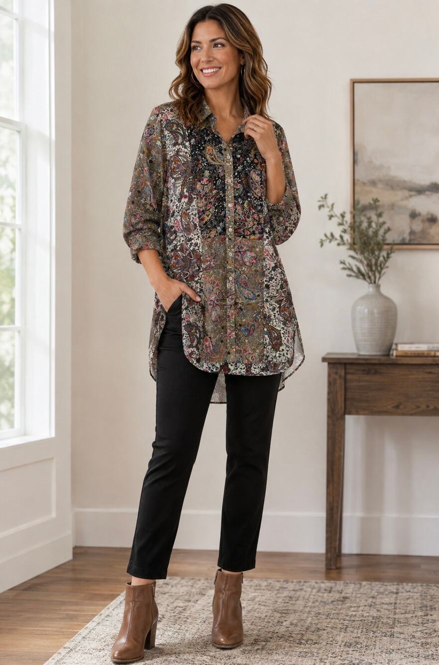FIG & FLOWER Lightweight Sheer Paisley Floral Patchwork Blouse Women's Size XL